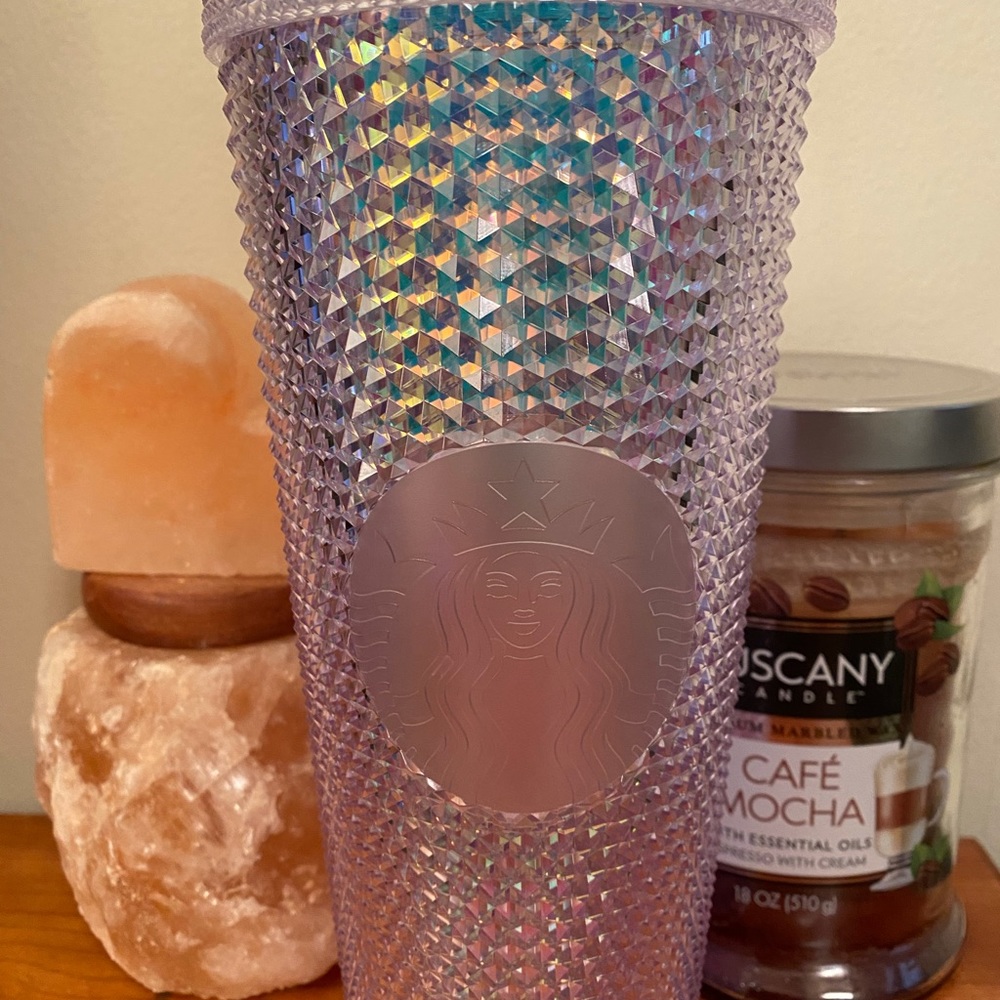 Holographic studded plastic Starbucks tumbler.